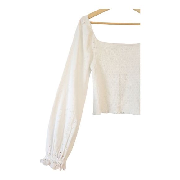 BP Nordstrom Women Eyelet Square Neck Off Shoulder Lantern Sleeve Crop Top White - Picture 3 of 8